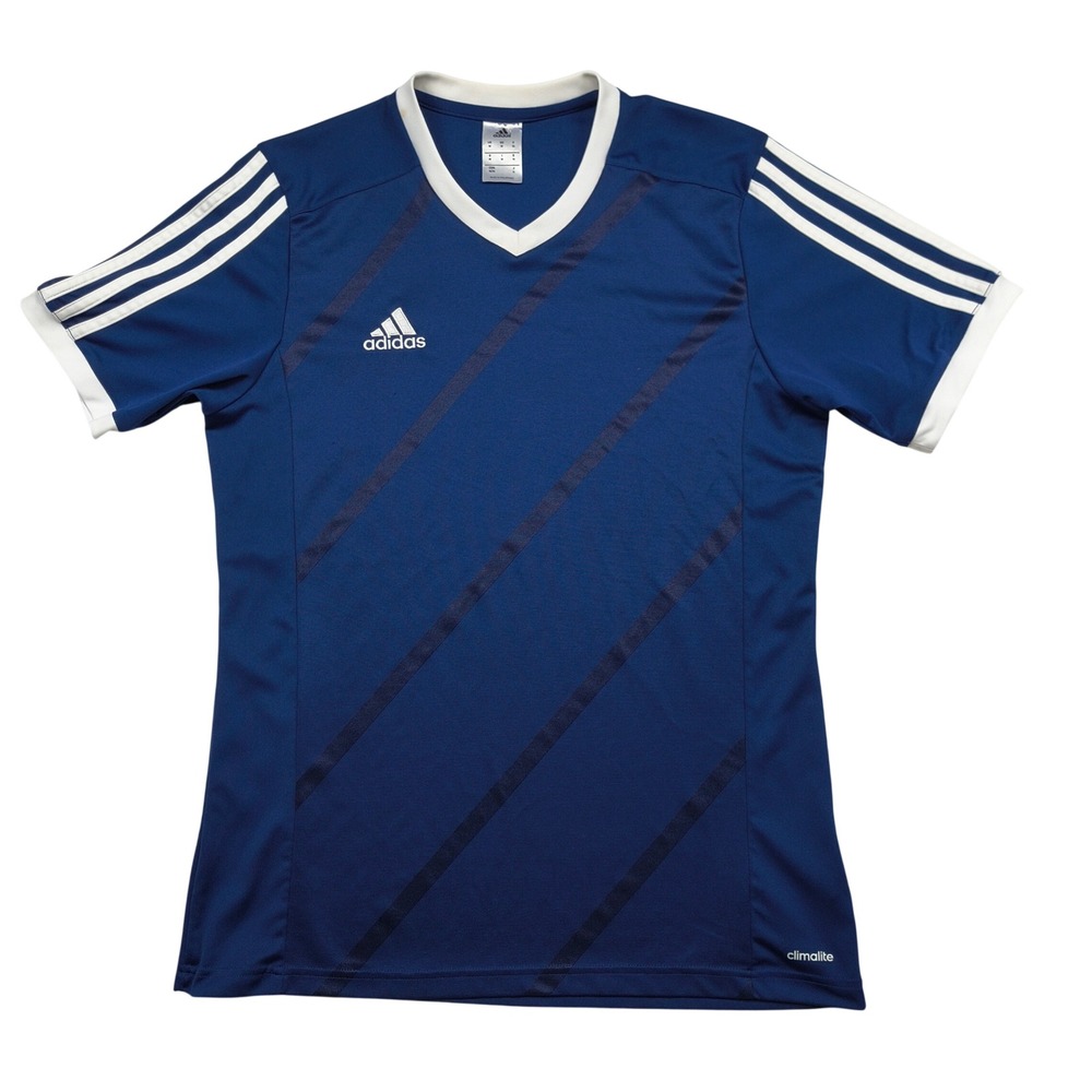 Adidas Climalite Mens Medium Navy Blue White Striped V-Neck Soccer Jersey Shirt